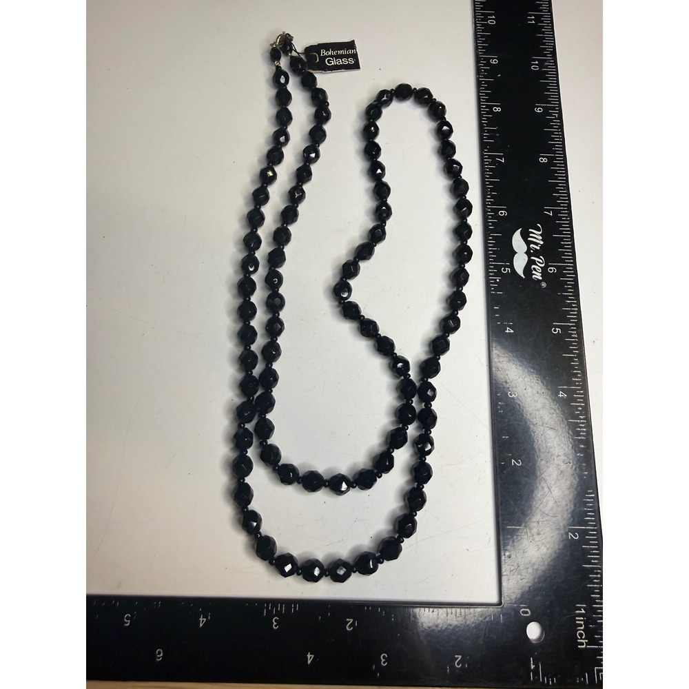 Bohemian Glass Black Faceted Bead Knotted Necklace 30 Inch Long NWT
